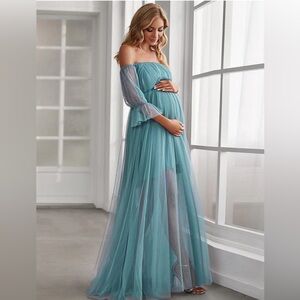 Ever Pretty Sheer Off-Shoulder Double Skirt Maxi Maternity Dress